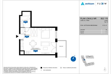 Rzut - Mieszkanie na sprzedaż 1 pokój o powierzchni 37,61 m² - numer B22 176 w Flow - bud. B2 A i bud. B2 B