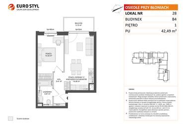 Rzut - Mieszkanie na sprzedaż 2 pokoje o powierzchni 42,49 m² - numer B4.28 w Osiedle Przy Błoniach 3 etap III
