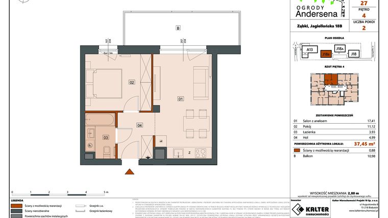 Rzut - Mieszkanie na sprzedaż 2 pokoje o powierzchni 37,45 m² - numer 27B w Ogrody Andersena