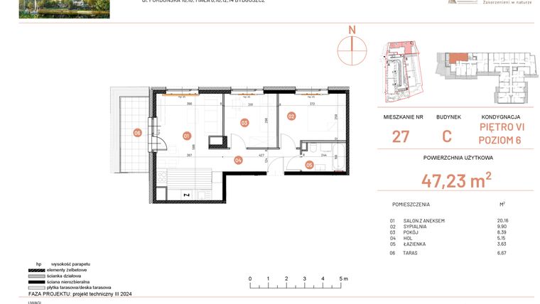 Rzut - Mieszkanie na sprzedaż 3 pokoje o powierzchni 47,23 m² - numer 16.27 w Osiedle Nowe Horyzonty etap II
