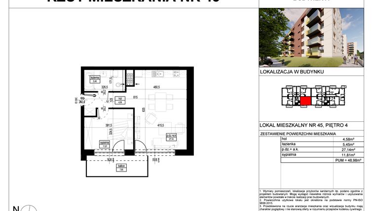 Rzut - Mieszkanie na sprzedaż 2 pokoje o powierzchni 48,98 m² - numer A.45 w Wólczańska 248 - etap II