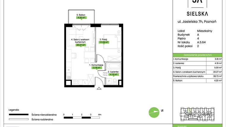Rzut - Mieszkanie na sprzedaż 2 pokoje o powierzchni 38,73 m² - numer A.5.64 w JA_SIELSKA V
