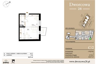 Rzut - Mieszkanie na sprzedaż 1 pokój o powierzchni 44,36 m² - numer C2 w Dworcowa 28