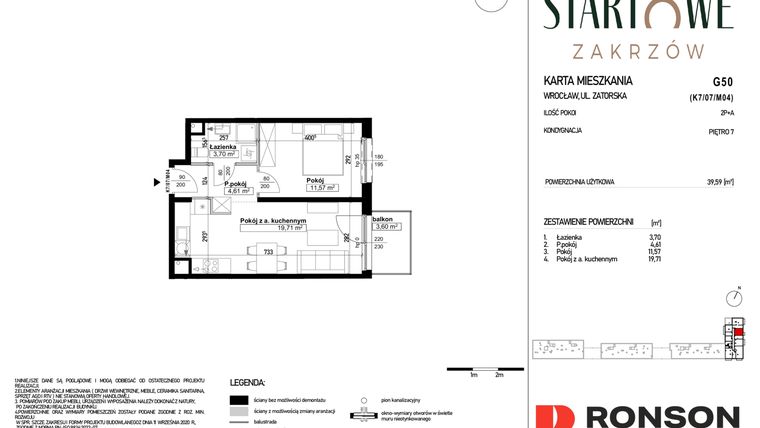 Rzut - Mieszkanie na sprzedaż 2 pokoje o powierzchni 39,59 m² - numer G50 w Osiedle Startowe