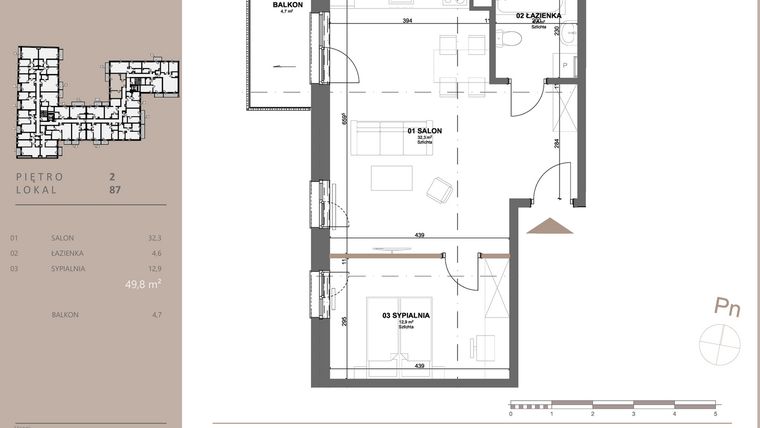 Rzut - Mieszkanie na sprzedaż 2 pokoje o powierzchni 49,6 m² - numer 87 w BETWEEN