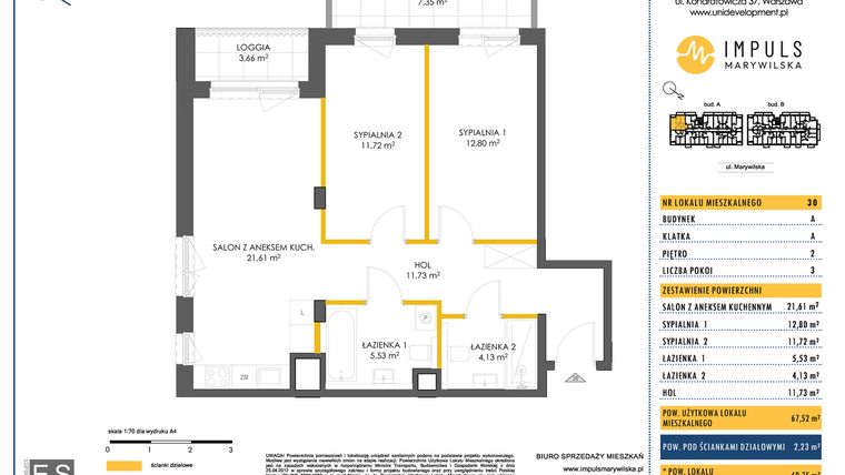 Rzut - Mieszkanie na sprzedaż 3 pokoje o powierzchni 67,52 m² - numer A/30 w Impuls Marywilska