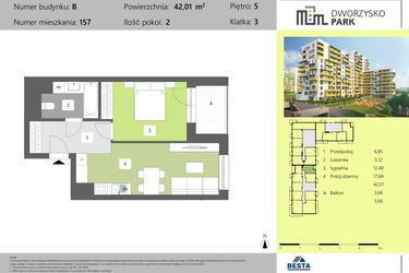 Rzut - Mieszkanie na sprzedaż 2 pokoje o powierzchni 42,01 m² - numer 157 w Dworzysko Park - Etap II