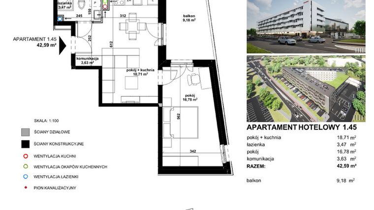 Rzut - Mieszkanie na sprzedaż 2 pokoje o powierzchni 42,4 m² - numer 1.45 w Apartamentowiec Zwycięska 3 - inwestycyjne