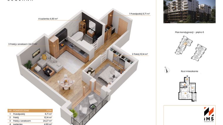 Rzut - Mieszkanie na sprzedaż 2 pokoje o powierzchni 45,98 m² - numer C.6.3 w Rondo Ceglana etap II