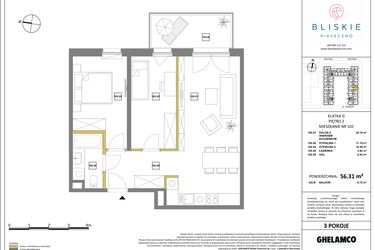 Rzut - Mieszkanie na sprzedaż 3 pokoje o powierzchni 56,31 m² - numer 102 w Bliskie Piaseczno 2
