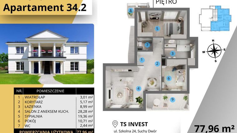 Rzut - Mieszkanie na sprzedaż 3 pokoje o powierzchni 77,99 m² - numer 34.2. w Ogrody Tesoro VI