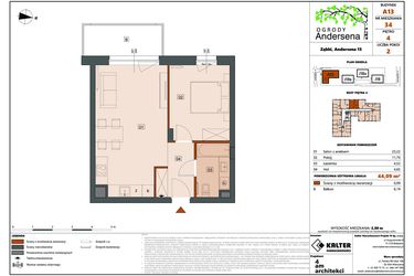 Rzut - Mieszkanie na sprzedaż 2 pokoje o powierzchni 44,09 m² - numer 34A w Ogrody Andersena