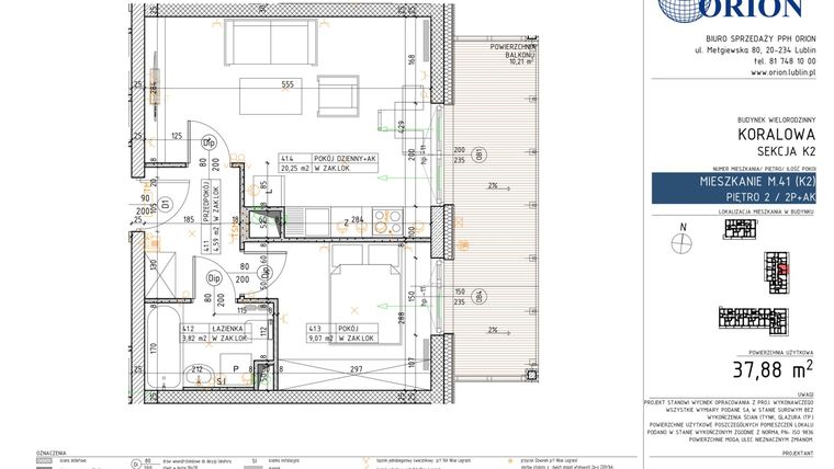 Rzut - Mieszkanie na sprzedaż 2 pokoje o powierzchni 37,88 m² - numer K2-41 w Koralowe Osiedle