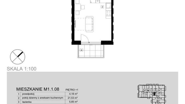 Rzut - Mieszkanie na sprzedaż 1 pokój o powierzchni 31,36 m² - numer M1.1.08 w Modern Helenów