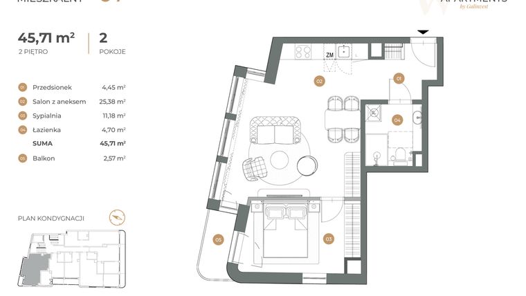 Rzut - Mieszkanie na sprzedaż 2 pokoje o powierzchni 45,71 m² - numer 7 w Witkiewicza Apartments