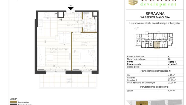 Rzut - Mieszkanie na sprzedaż 2 pokoje o powierzchni 42,45 m² - numer A28 w Osiedle Sprawna