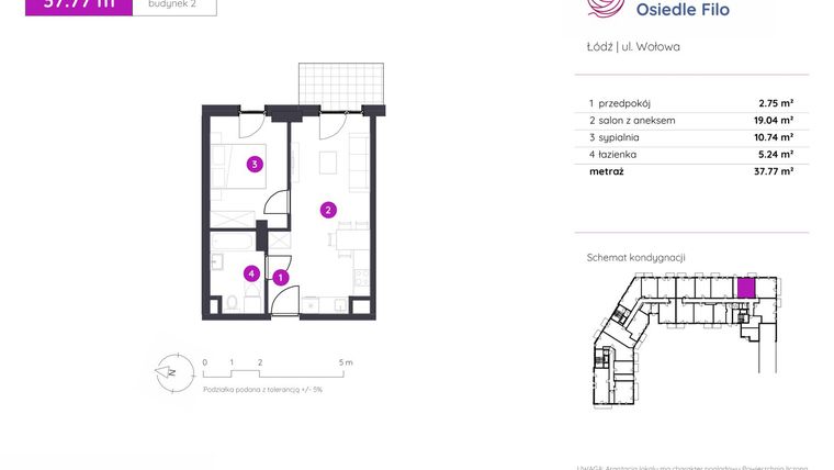 Rzut - Mieszkanie na sprzedaż 2 pokoje o powierzchni 37,77 m² - numer 2.C.0.07 w Murapol Osiedle Filo etap II