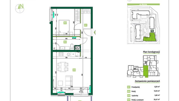 Rzut - Mieszkanie na sprzedaż 2 pokoje o powierzchni 53,68 m² - numer 9B.15 w Zielona Przystań etap III