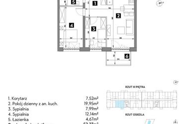Rzut - Mieszkanie na sprzedaż 3 pokoje o powierzchni 52,35 m² - numer A1/3/3 w Metr Kwadrat