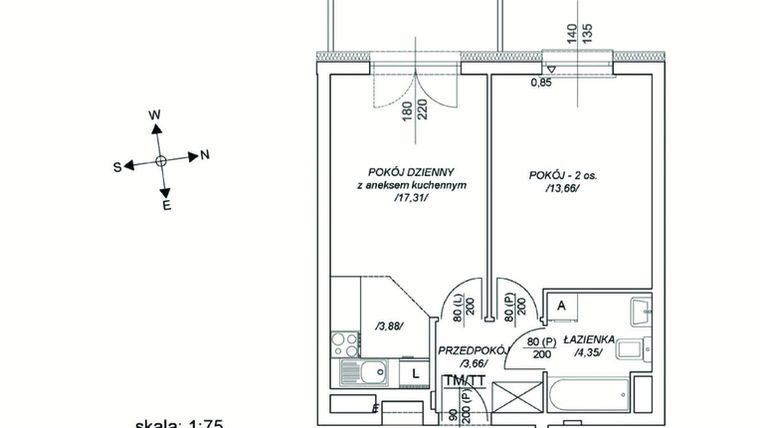 Rzut - Mieszkanie na sprzedaż 2 pokoje o powierzchni 38,98 m² - numer M48 w Osiedle Mała Dziesiąta etap II