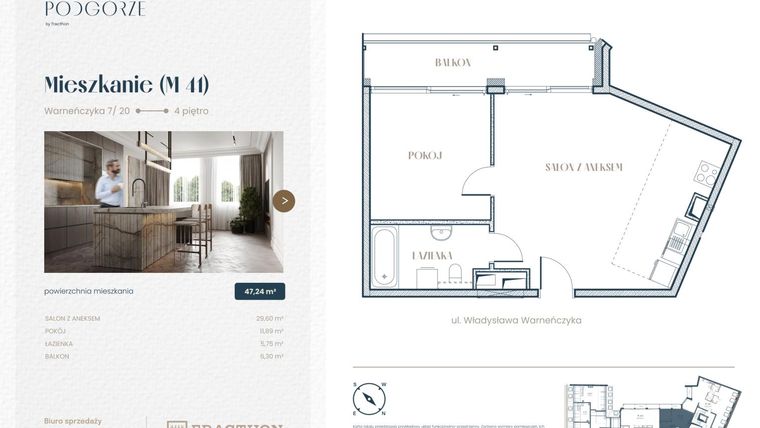Rzut - Mieszkanie na sprzedaż 2 pokoje o powierzchni 47,24 m² - numer M.41 w Stare Podgórze