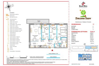Rzut - Mieszkanie na sprzedaż 4 pokoje o powierzchni 70,9 m² - numer 11 w Zielone Sady etap II