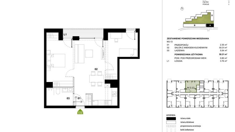 Rzut - Mieszkanie na sprzedaż 1 pokój o powierzchni 59,22 m² - numer A.3.13 w Kozielska Park