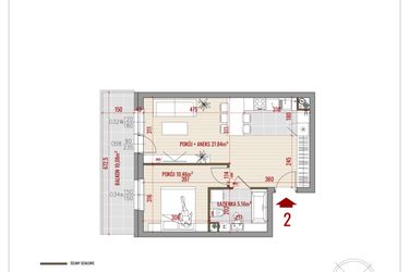 Rzut - Mieszkanie na sprzedaż 2 pokoje o powierzchni 43,46 m² - numer 2 w Zalesie