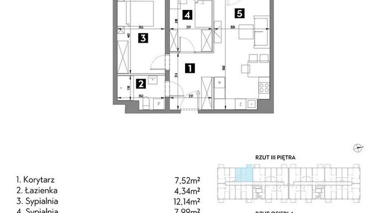 Rzut - Mieszkanie na sprzedaż 3 pokoje o powierzchni 52,03 m² - numer A1/3/6 w Metr Kwadrat