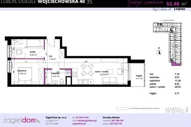 Rzut - Mieszkanie na sprzedaż 3 pokoje o powierzchni 52,48 m² - numer 35 w Wojciechowska Square