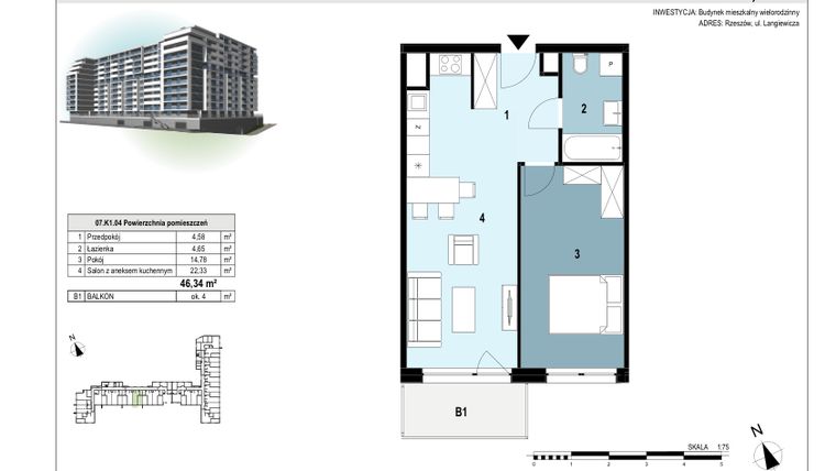 Rzut - Mieszkanie na sprzedaż 2 pokoje o powierzchni 46,34 m² - numer 07.K1.04 w Langiewicza 37