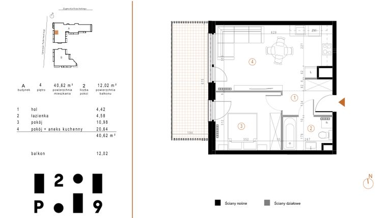 Rzut - Mieszkanie na sprzedaż 2 pokoje o powierzchni 40,62 m² - numer A29 w Paderewskiego 29