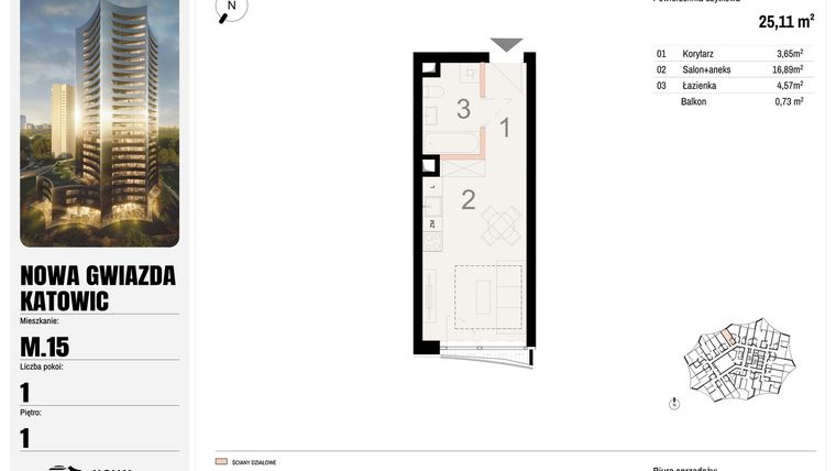 Rzut - Mieszkanie na sprzedaż 1 pokój o powierzchni 25,11 m² - numer M.15 w Nowa Gwiazda