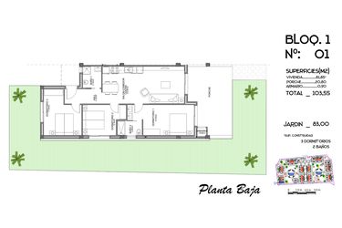 Rzut - Mieszkanie na sprzedaż 3 pokoje o powierzchni 103,55 m² - numer 1 w Mieszkania w Guardamar del Segura - 58228876