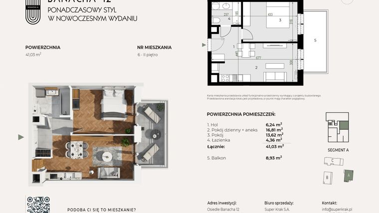 Rzut - Mieszkanie na sprzedaż 2 pokoje o powierzchni 41,03 m² - numer 6 w Banacha 12