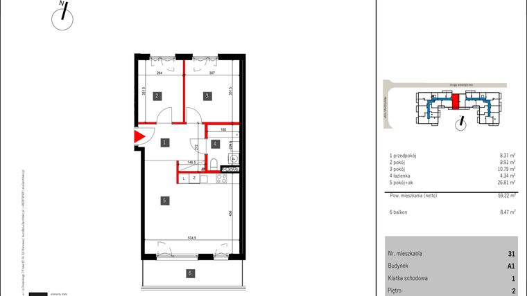 Rzut - Mieszkanie na sprzedaż 3 pokoje o powierzchni 59,22 m² - numer 31 w Mochtyńska 56