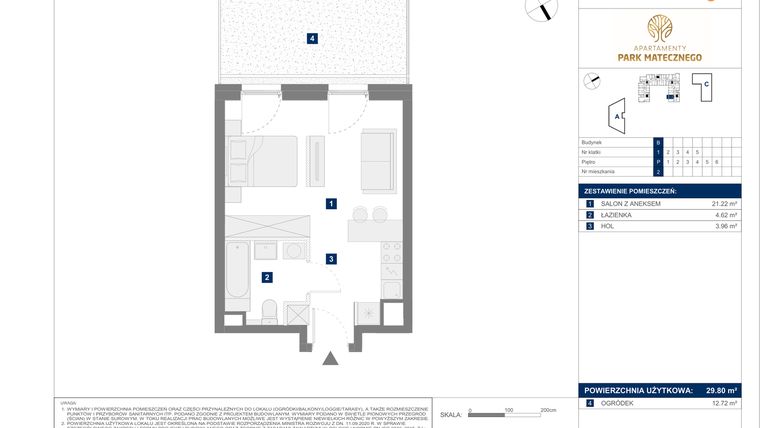 Rzut - Mieszkanie na sprzedaż 1 pokój o powierzchni 29,8 m² - numer B2 w Apartamenty Park Matecznego Etap 1