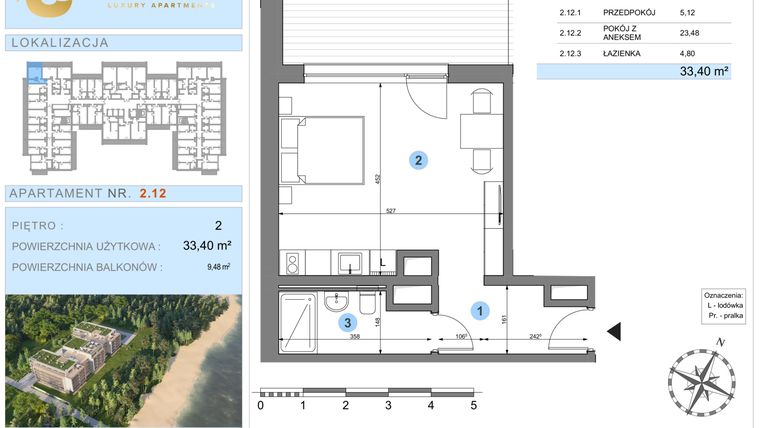 Rzut - Mieszkanie na sprzedaż 1 pokój o powierzchni 33,4 m² - numer 2.12 w Ustronie Luxury Apartments