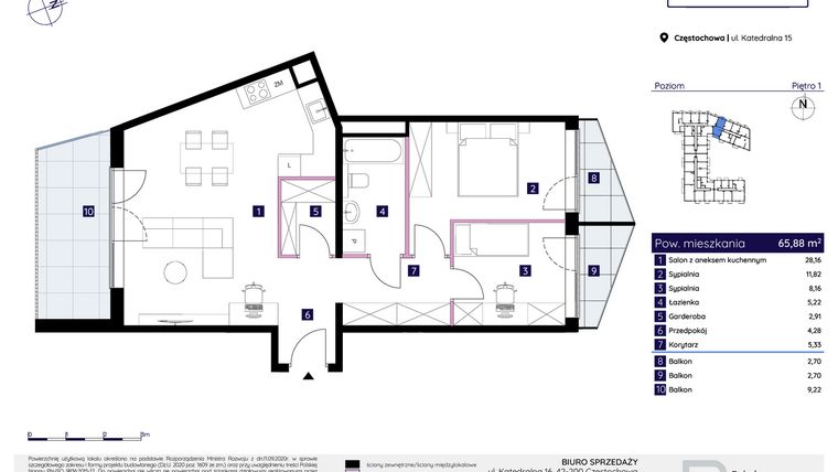 Rzut - Mieszkanie na sprzedaż 3 pokoje o powierzchni 65,88 m² - numer 15/2 w Osiedle Neonowe