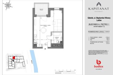 Rzut - Mieszkanie na sprzedaż 1 pokój o powierzchni 34,08 m² - numer A12 w Kapitanat A