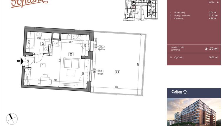 Rzut - Mieszkanie na sprzedaż 1 pokój o powierzchni 31,72 m² - numer G1/5 w Goplana budynek G