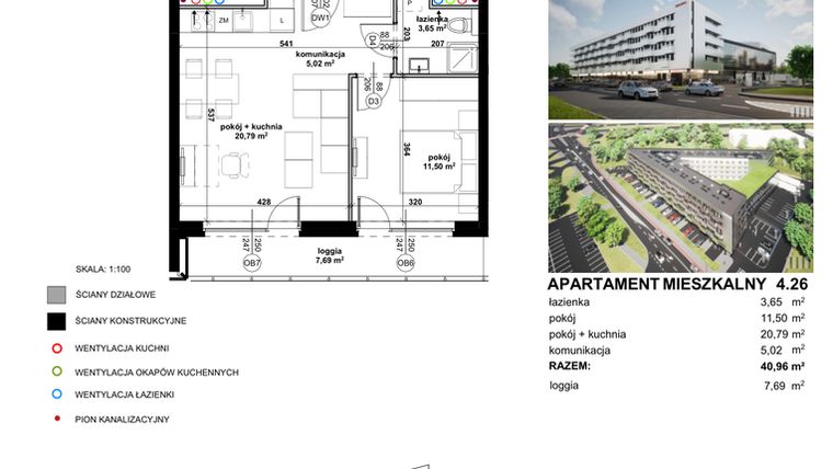 Rzut - Mieszkanie na sprzedaż 2 pokoje o powierzchni 41 m² - numer 4.26 w Apartamentowiec Zwycięska 3