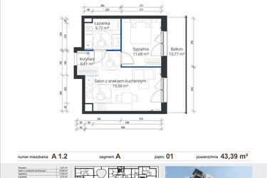 Rzut - Mieszkanie na sprzedaż 2 pokoje o powierzchni 43,39 m² - numer A 1.2 w Nowe Zabłocie