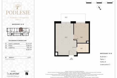 Rzut - Mieszkanie na sprzedaż 2 pokoje o powierzchni 36 m² - numer 1B.18 w Podlesie