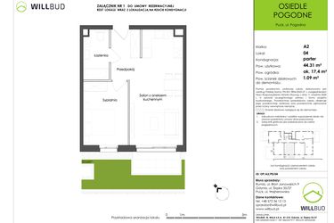 Rzut - Mieszkanie na sprzedaż 2 pokoje o powierzchni 44,31 m² - numer OP/A2/P0/04 w Osiedle Pogodne etap I