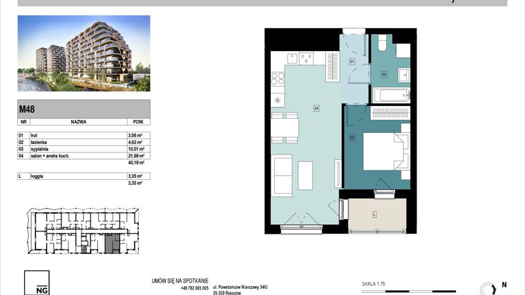 Rzut - Mieszkanie na sprzedaż 2 pokoje o powierzchni 40,07 m² - numer D48 w Panorama Kwiatkowskiego