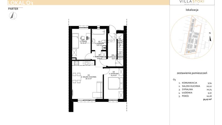 Rzut - Mieszkanie na sprzedaż 3 pokoje o powierzchni 50,07 m² - numer O3 w Villa Stoki (mieszkania)