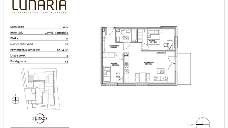 Rzut - Mieszkanie na sprzedaż 3 pokoje o powierzchni 62,94 m² - numer A06 w Lunaria