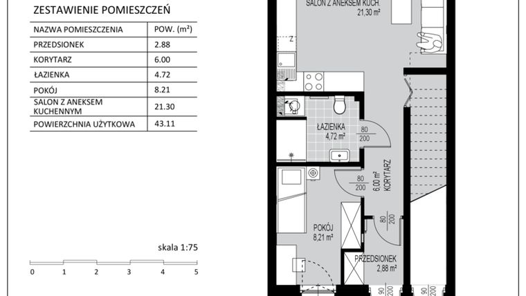 Rzut - Mieszkanie na sprzedaż 2 pokoje o powierzchni 43,11 m² - numer C5 w Kowalove etap 2