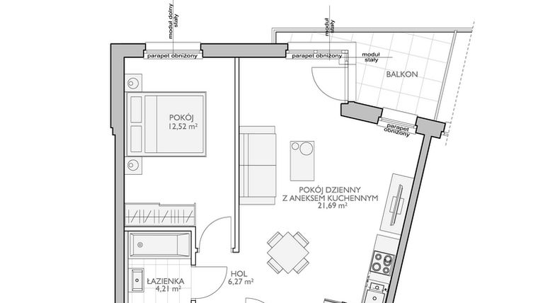 Rzut - Mieszkanie na sprzedaż 2 pokoje o powierzchni 45,78 m² - numer WO/O18/10 w Wiszące Ogrody